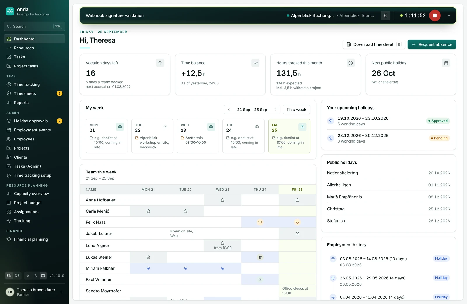 onda dashboard — vacation days left, time balance, tracked hours and public holidays
